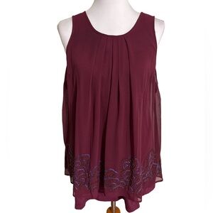 LOGO Lavish Deep Burgundy Sleeveless Embroidered Blouse